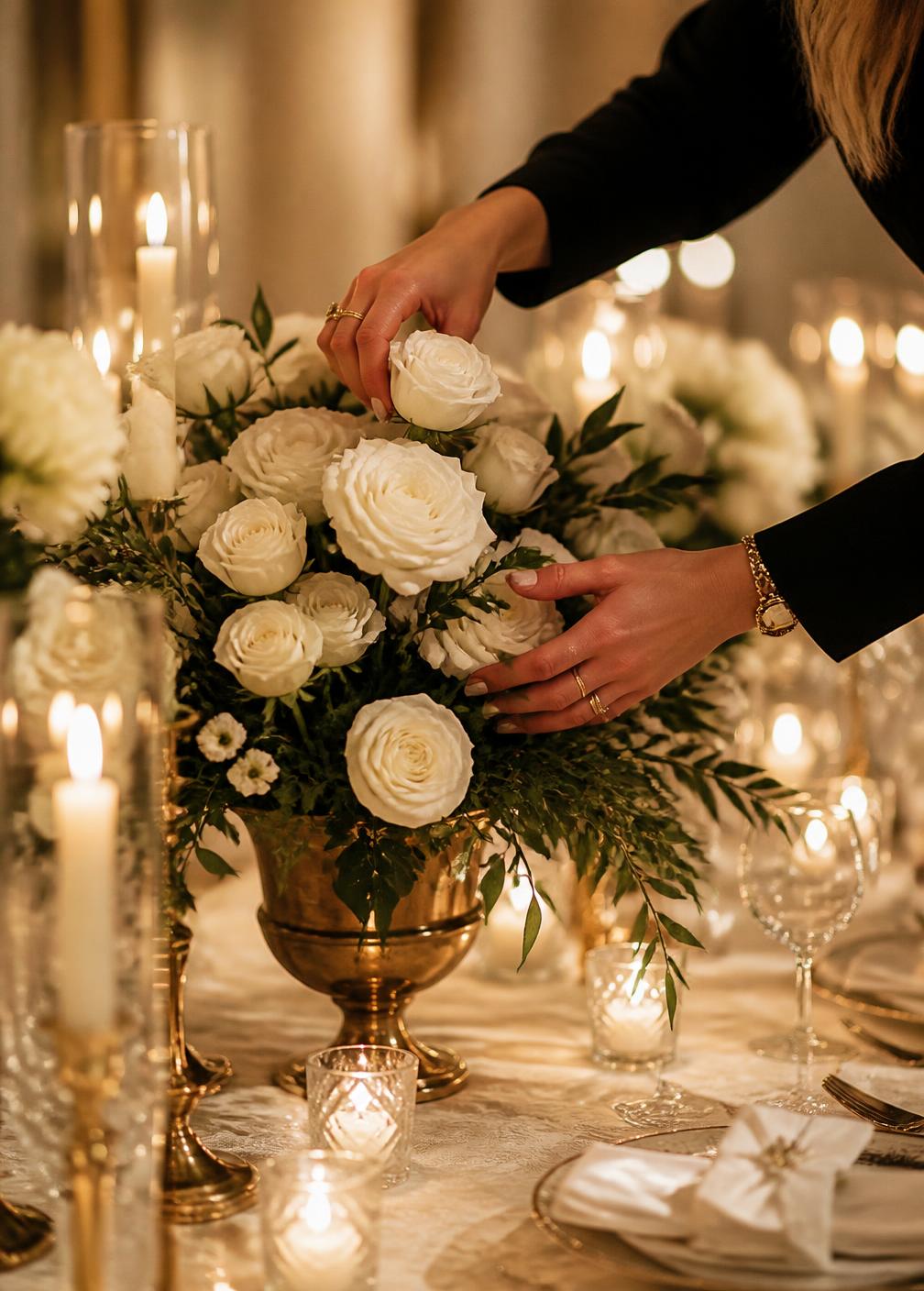 Event stylist arranging white roses on a candlelit AoneEvents banquet table