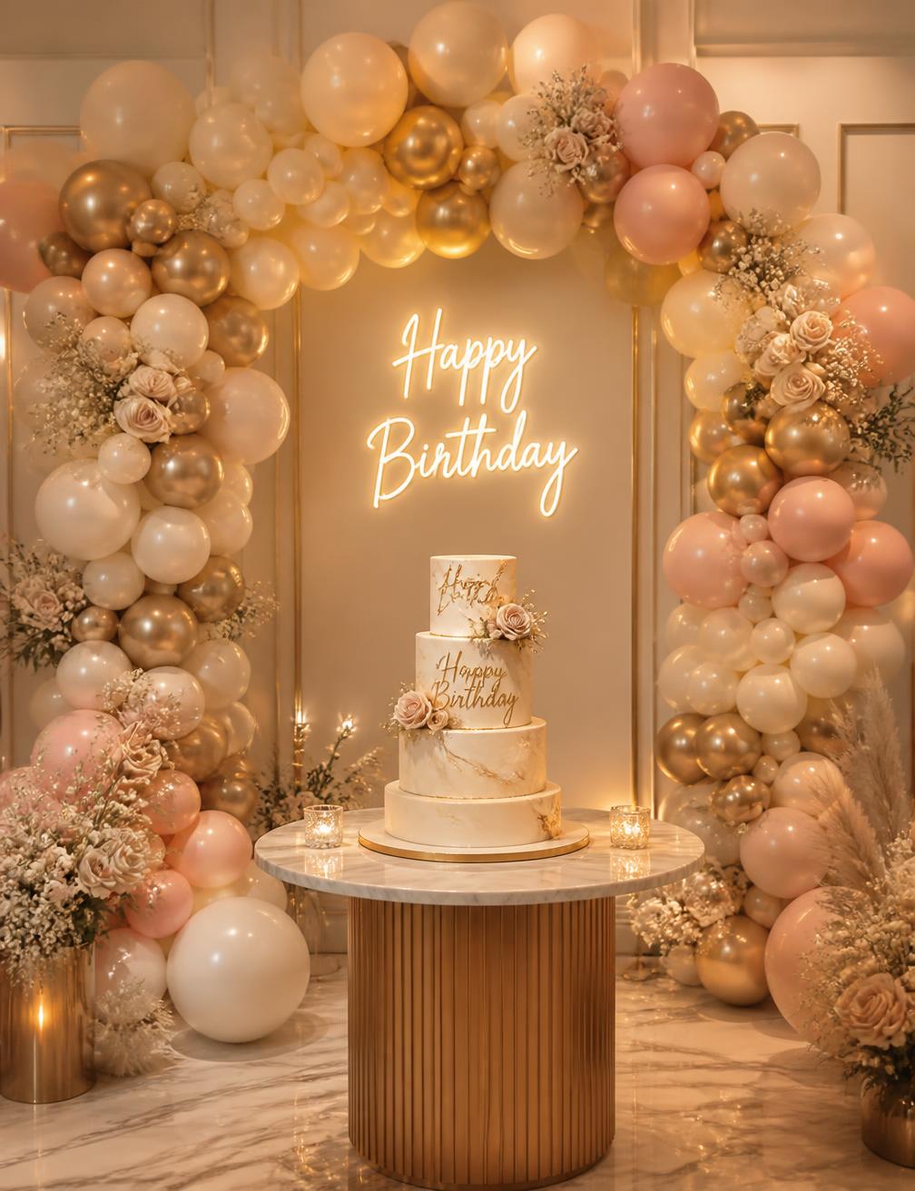 Elegant birthday celebration setup with balloon arch and tiered cake