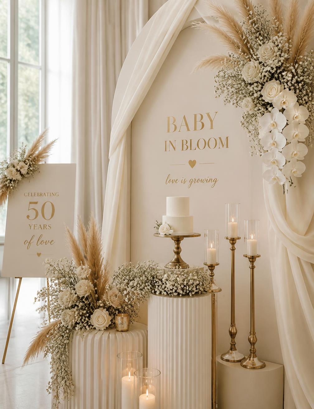 Ivory baby shower and anniversary milestone decoration with florals