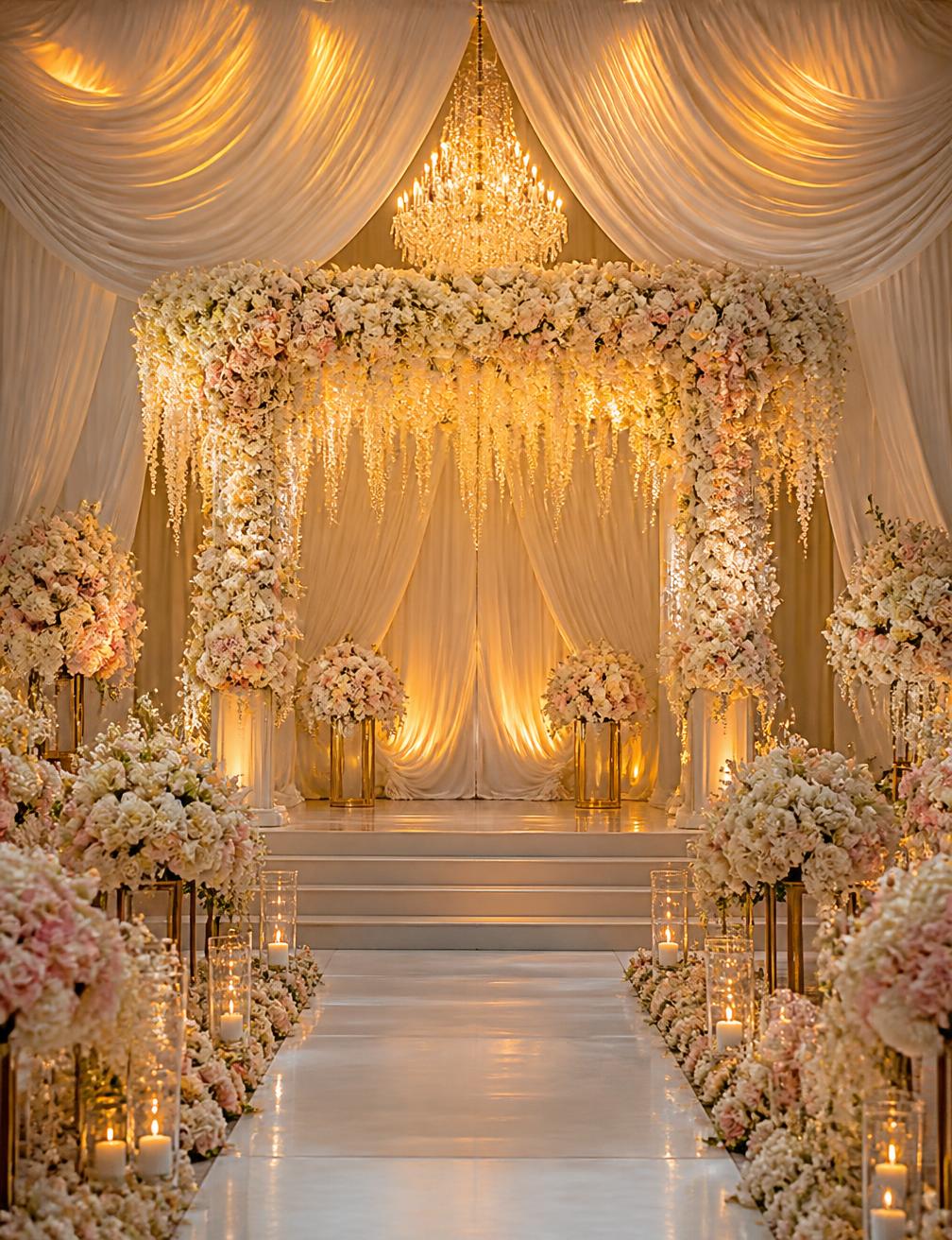 Grand wedding stage with cascading floral arch and candlelit aisle