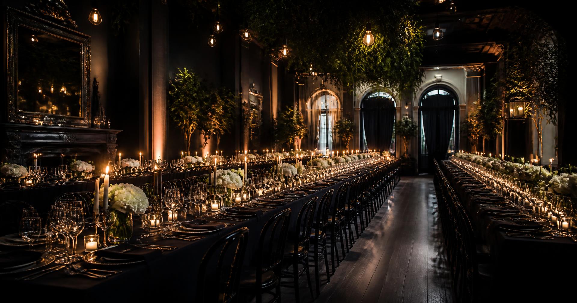 Candlelit banquet hall styled by AoneEvents before guests arrive