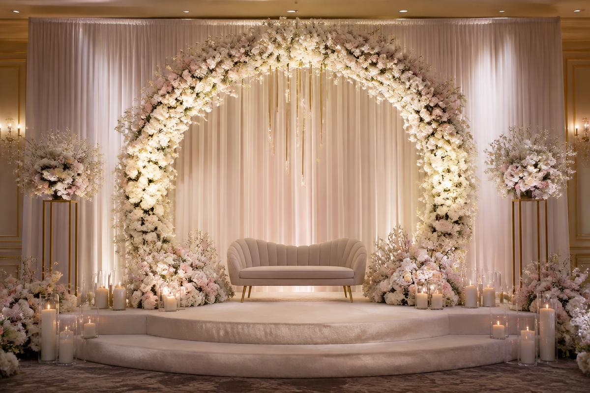 Engagement stage with circular floral arch and candles