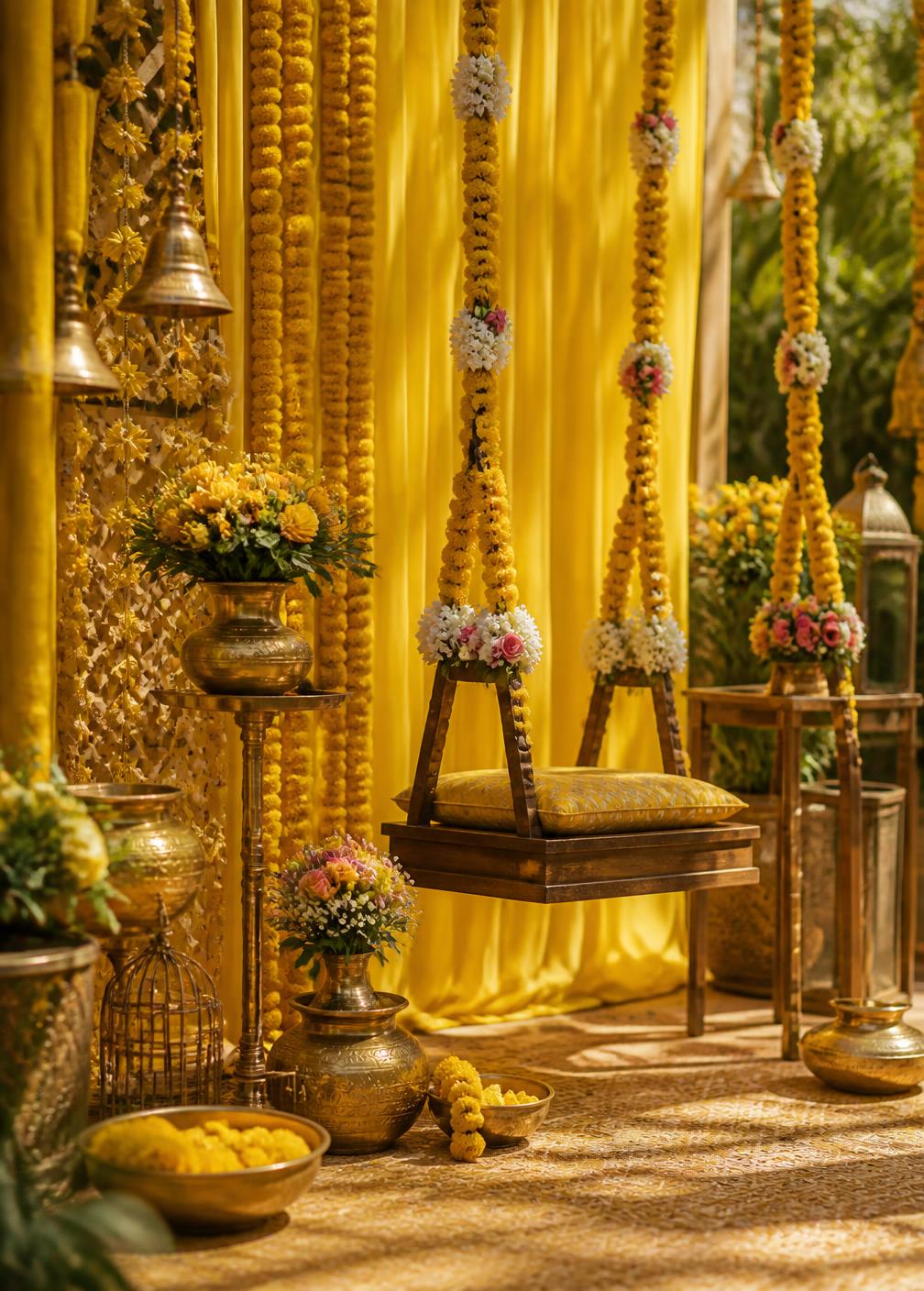 Haldi ceremony decor with marigold garlands and brass pots