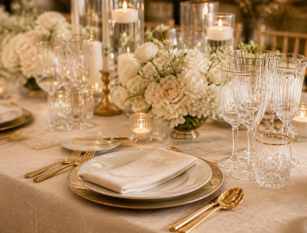 Premium banquet table setting with gold cutlery and white florals