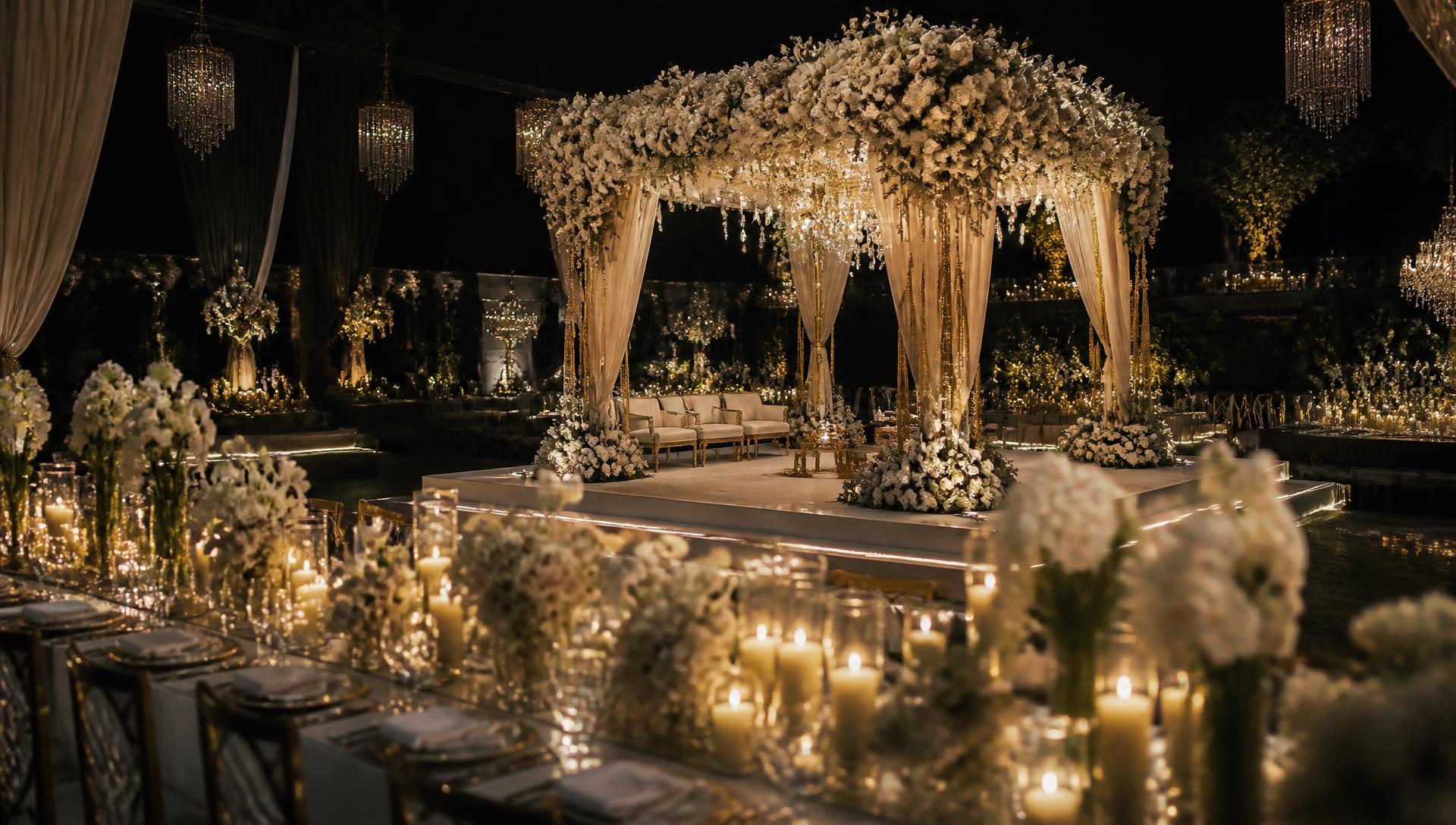 Luxury wedding reception with floral mandap and candlelit tables by AoneEvents